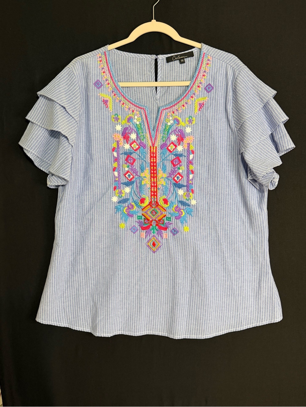 Calessa Blue Pinstripe Embroidered floral geometric Flutter Sleeve Tunic cotton